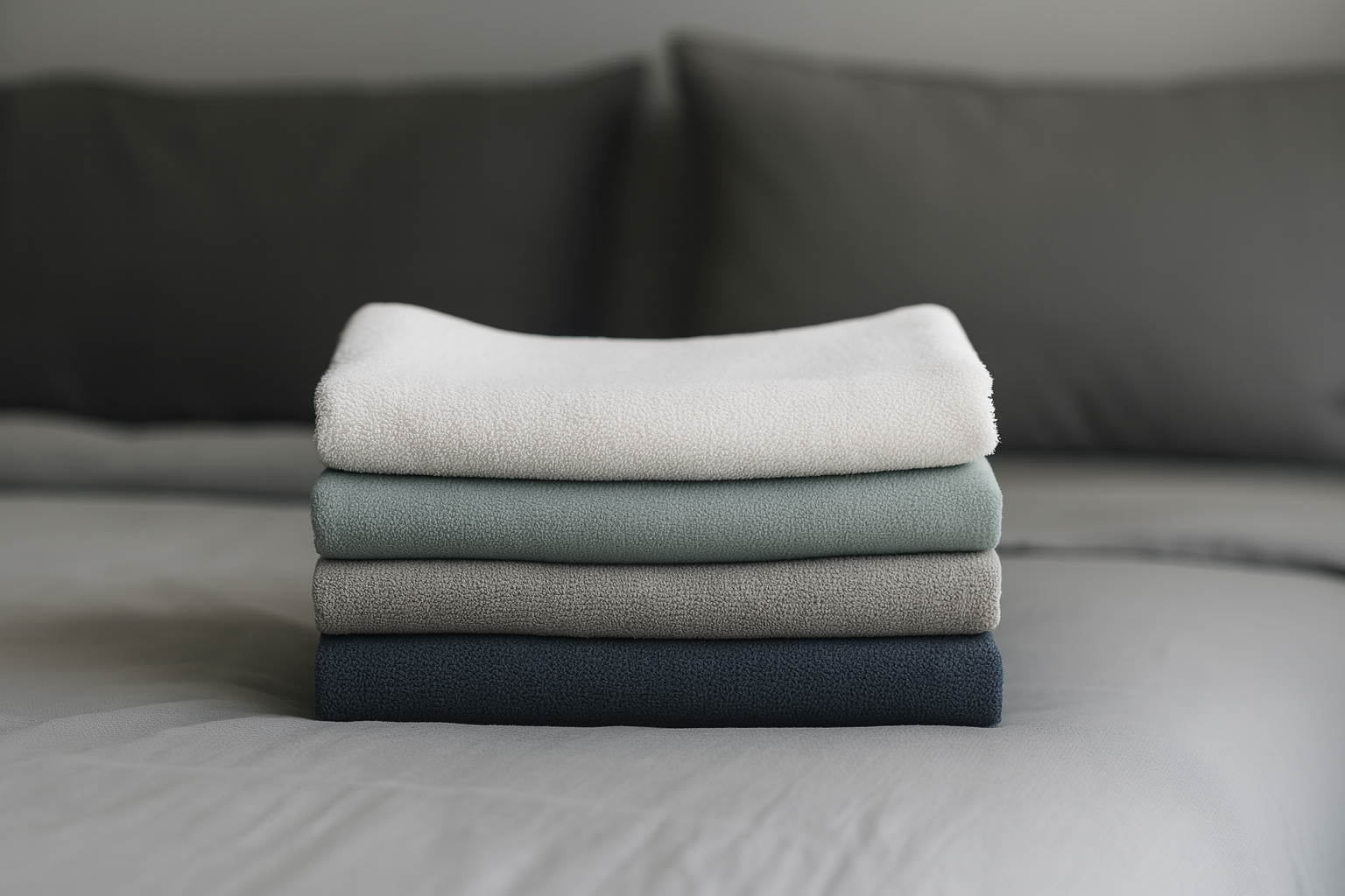Folded laundry stacked neatly on bed